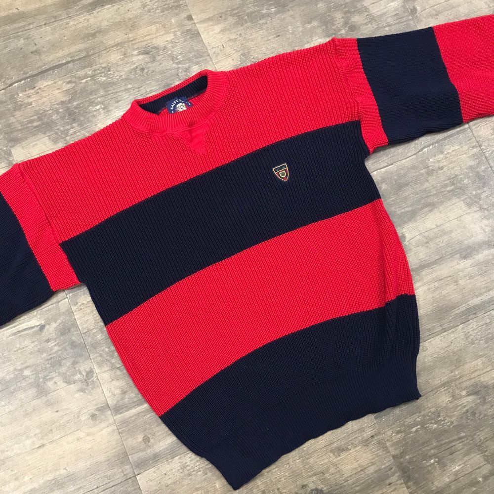 Vintage SALTY DOG Men Crewneck Sweater‎ Medium Red Blue Stripe Chunky USA Made